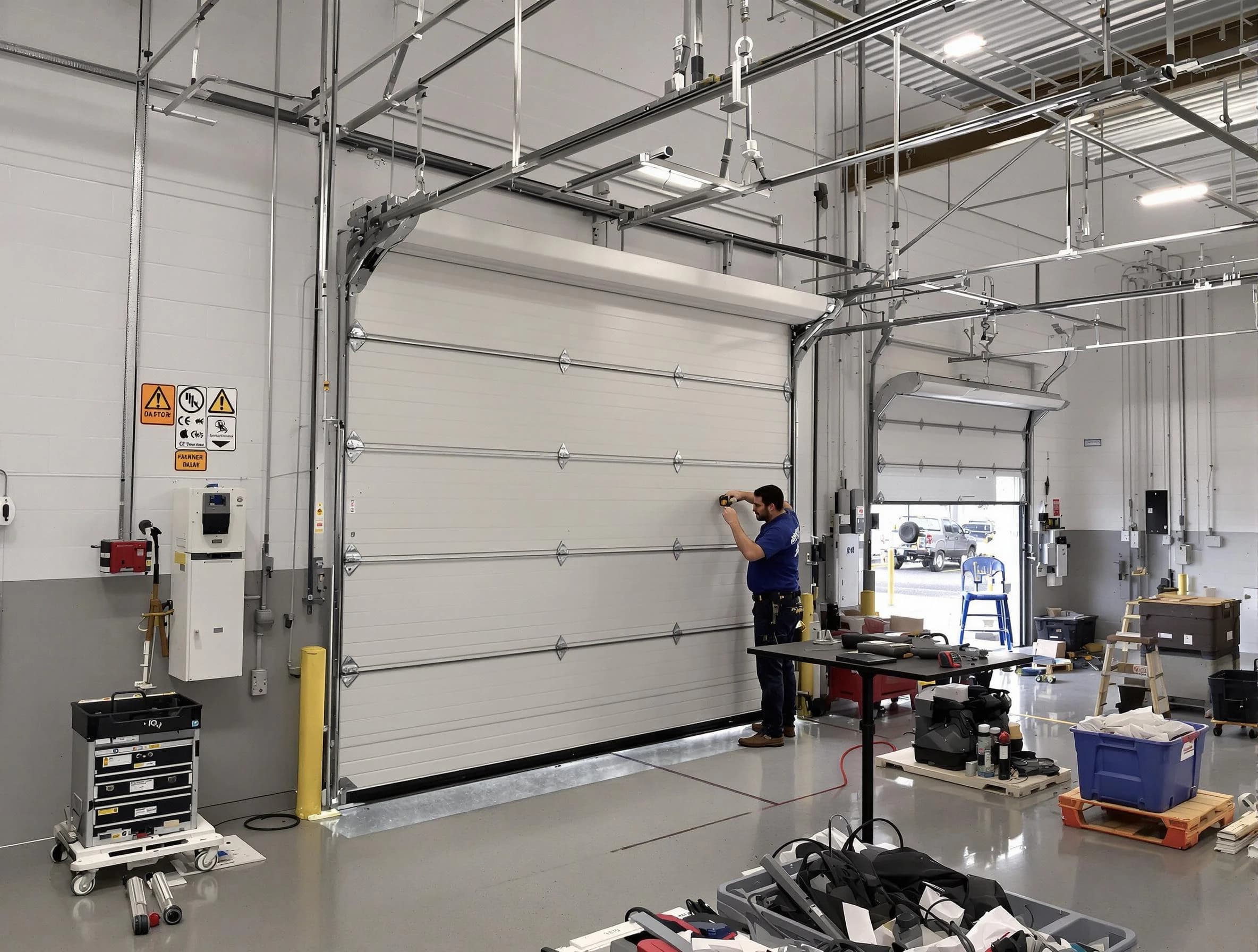 Commercial garage door repair being performed by Berthoud Garage Door Repair expert in Berthoud