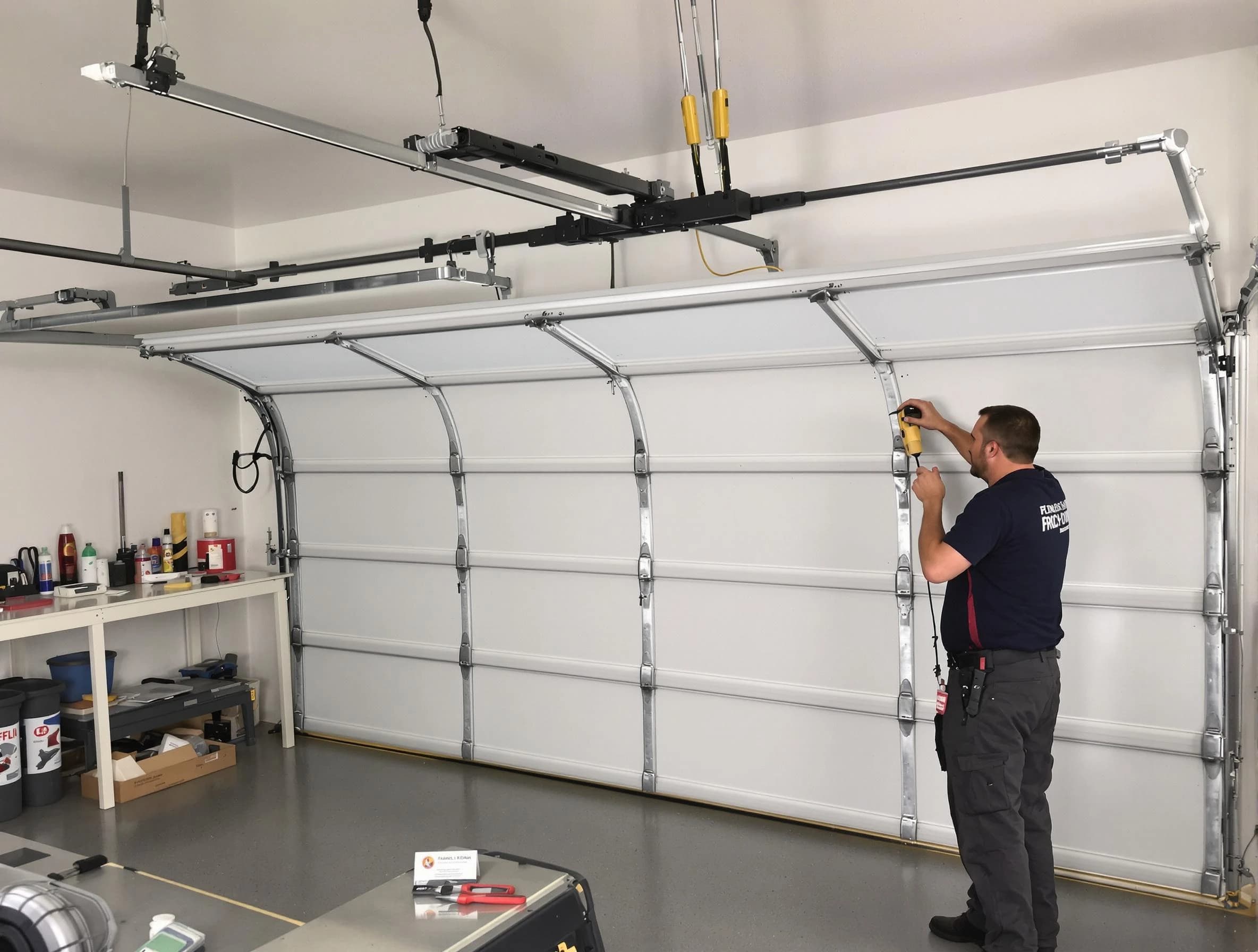 Berthoud Garage Door Repair certified technician performing overhead door system repair in Berthoud