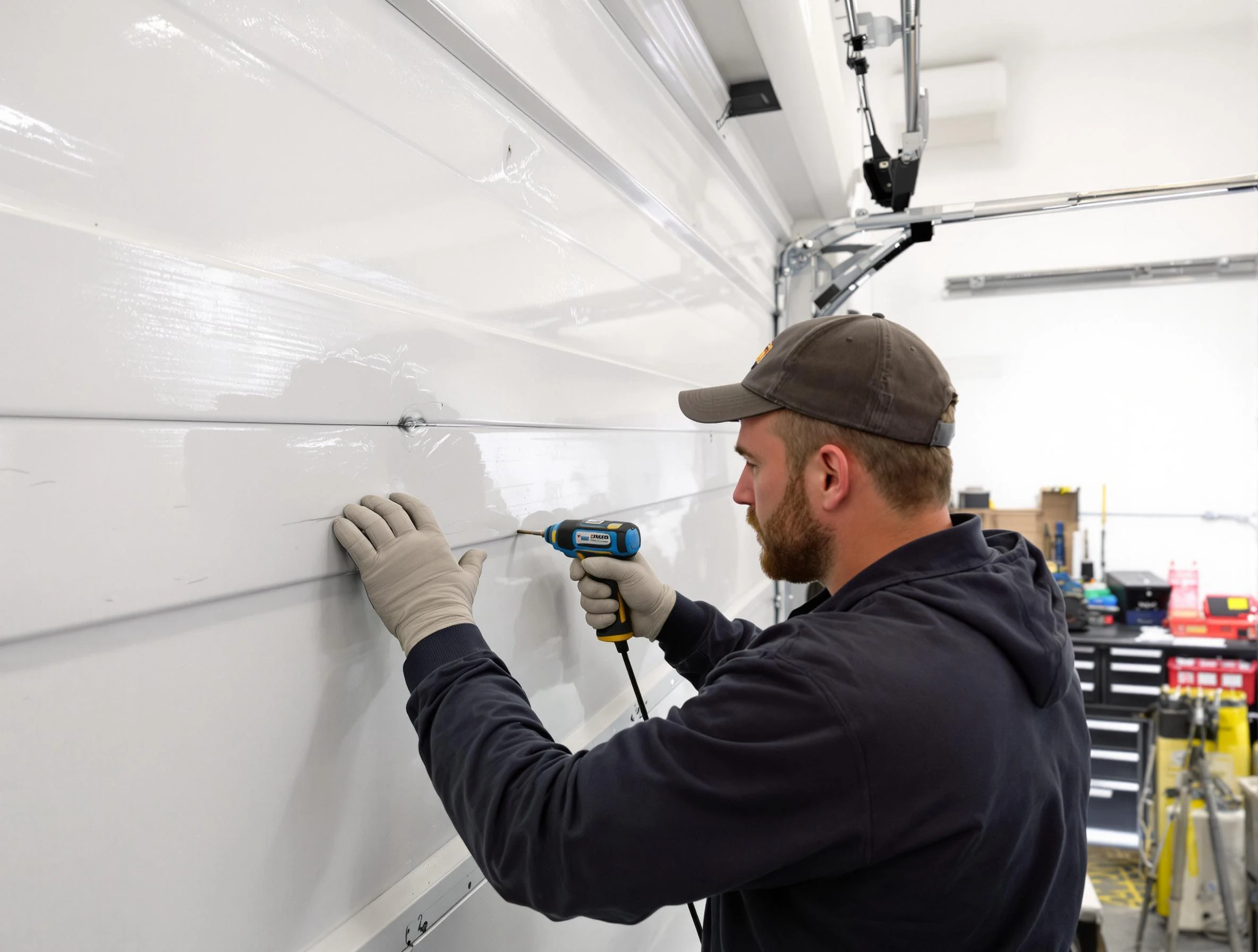Berthoud Garage Door Repair technician demonstrating precision dent removal techniques on a Berthoud garage door